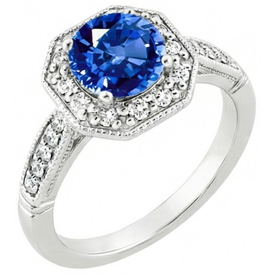 Anello con zaffiro dello Sri Lanka da 3,35 carati e diamanti in oro bianco 14K