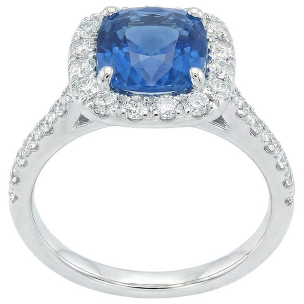 Anello con zaffiro dello Sri Lanka da 3,35 carati e diamanti in oro bianco 14K