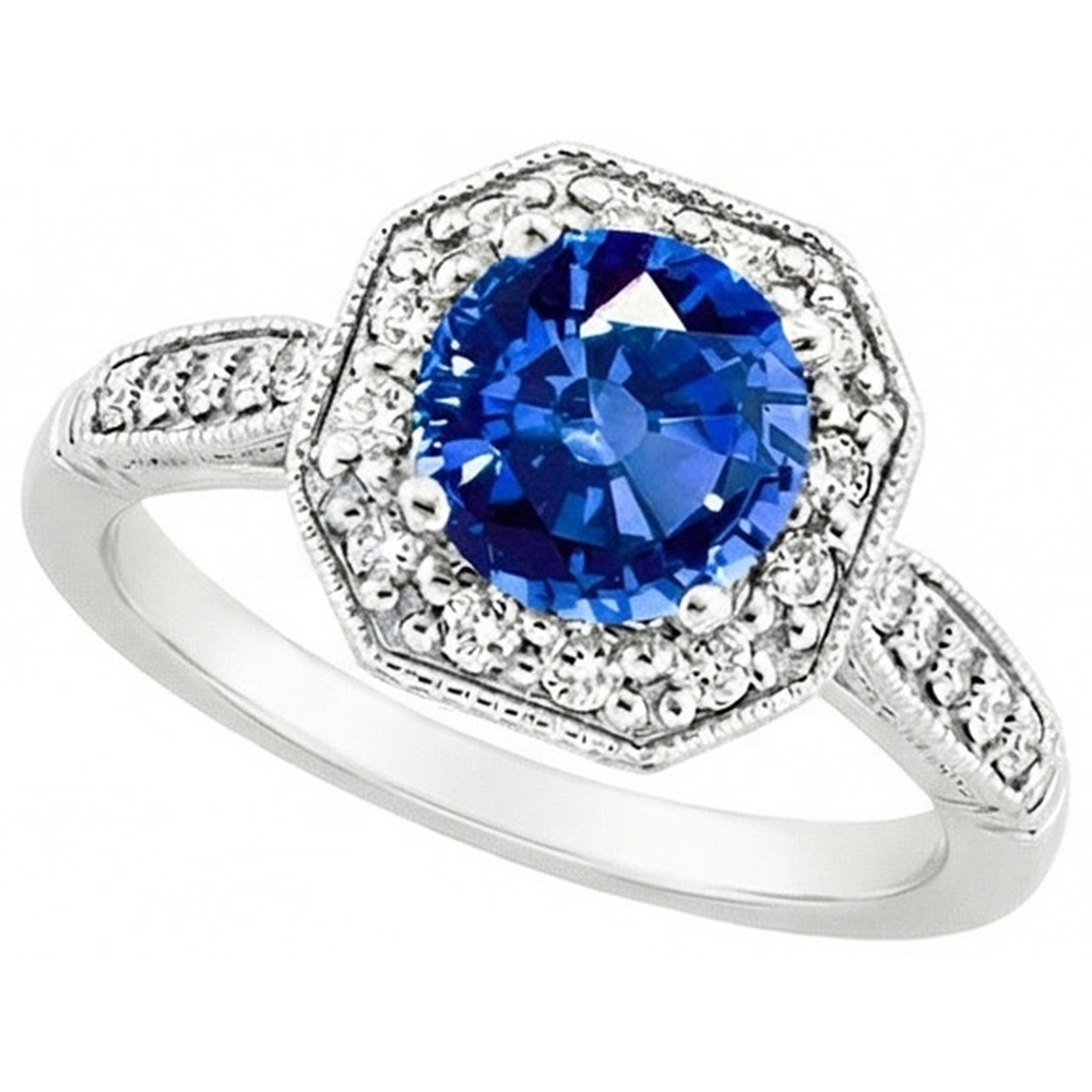 Anello con zaffiro dello Sri Lanka da 3,35 carati e diamanti in oro bianco 14K
