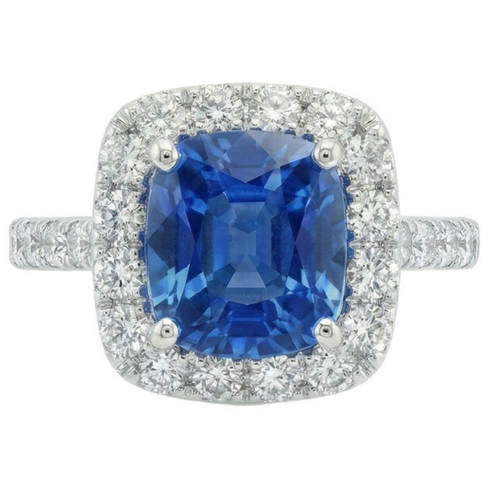 Anello con zaffiro dello Sri Lanka da 3,35 carati e diamanti in oro bianco 14K