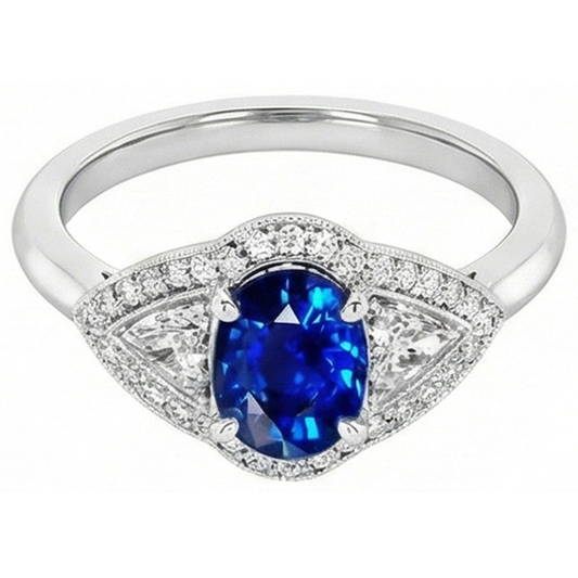 Anello con zaffiro dello Sri Lanka da 3,90 carati e diamanti incastonati in oro bianco 14K