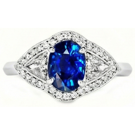 Anello con zaffiro dello Sri Lanka da 3,90 carati e diamanti incastonati in oro bianco 14K