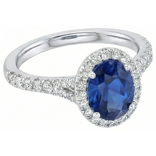 Anello con zaffiro dello Sri Lanka da 4 carati e diamanti incastonati in oro bianco 14K