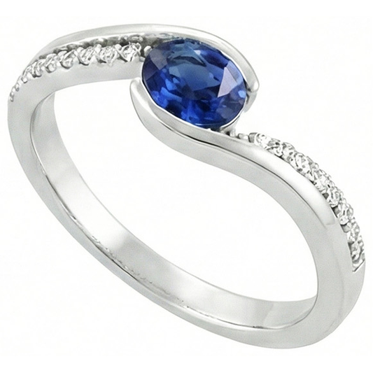 Anello con zaffiro dello Sri Lanka e diamanti a taglio ovale da 2 ct. Oro bianco 14K