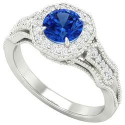 Anello con zaffiro dello Sri Lanka e diamanti da 2 ct. oro bianco 14k Nuovo
