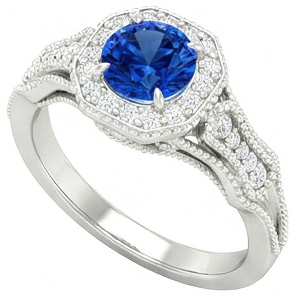 Anello con zaffiro dello Sri Lanka e diamanti da 2 ct. oro bianco 14k Nuovo