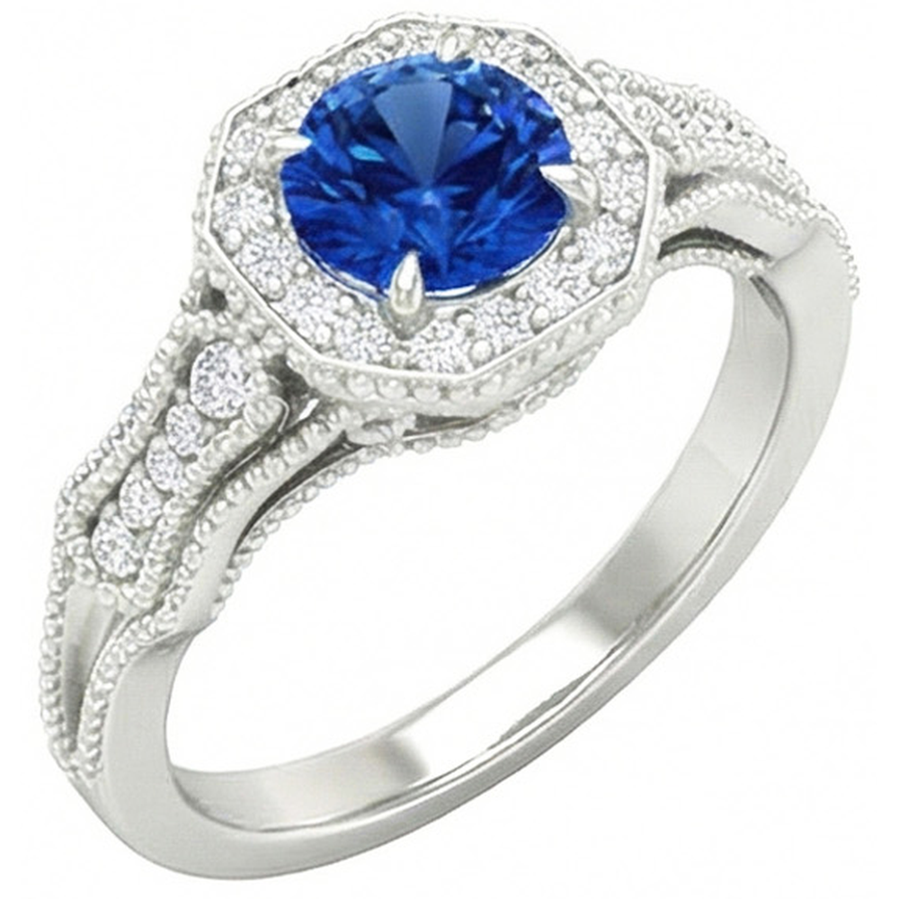 Anello con zaffiro dello Sri Lanka e diamanti da 2 ct. oro bianco 14k Nuovo