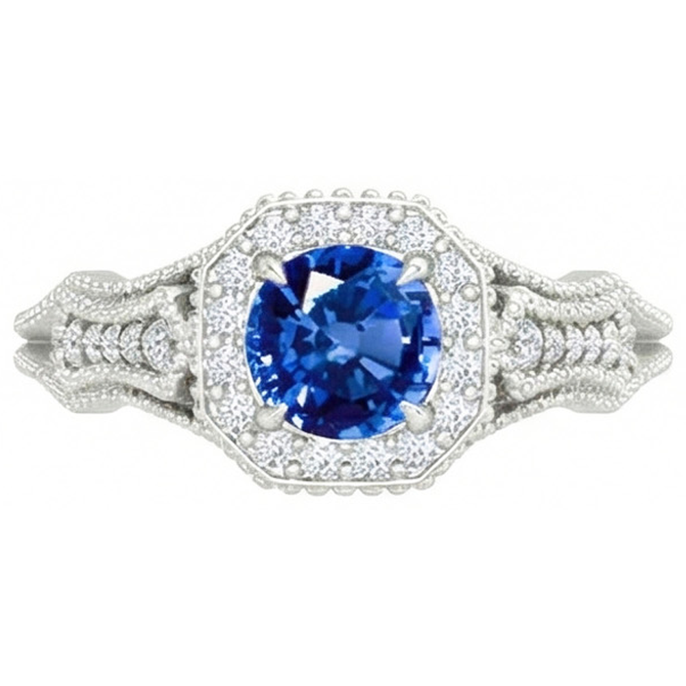 Anello con zaffiro dello Sri Lanka e diamanti da 2 ct. oro bianco 14k Nuovo