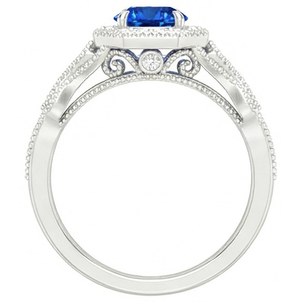 Anello con zaffiro dello Sri Lanka e diamanti da 2 ct. oro bianco 14k Nuovo