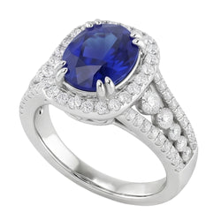 Anello con zaffiro dello Sri Lanka ovale da 5,70 carati e diamanti tondi in oro bianco 14 carati