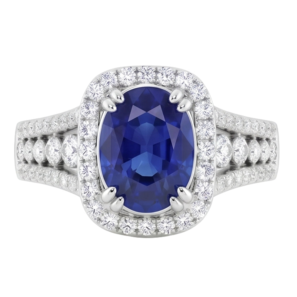 Anello con zaffiro dello Sri Lanka ovale da 5,70 carati e diamanti tondi in oro bianco 14 carati