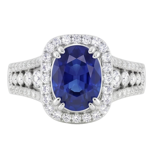 Anello con zaffiro dello Sri Lanka ovale da 5,70 carati e diamanti tondi in oro bianco 14 carati
