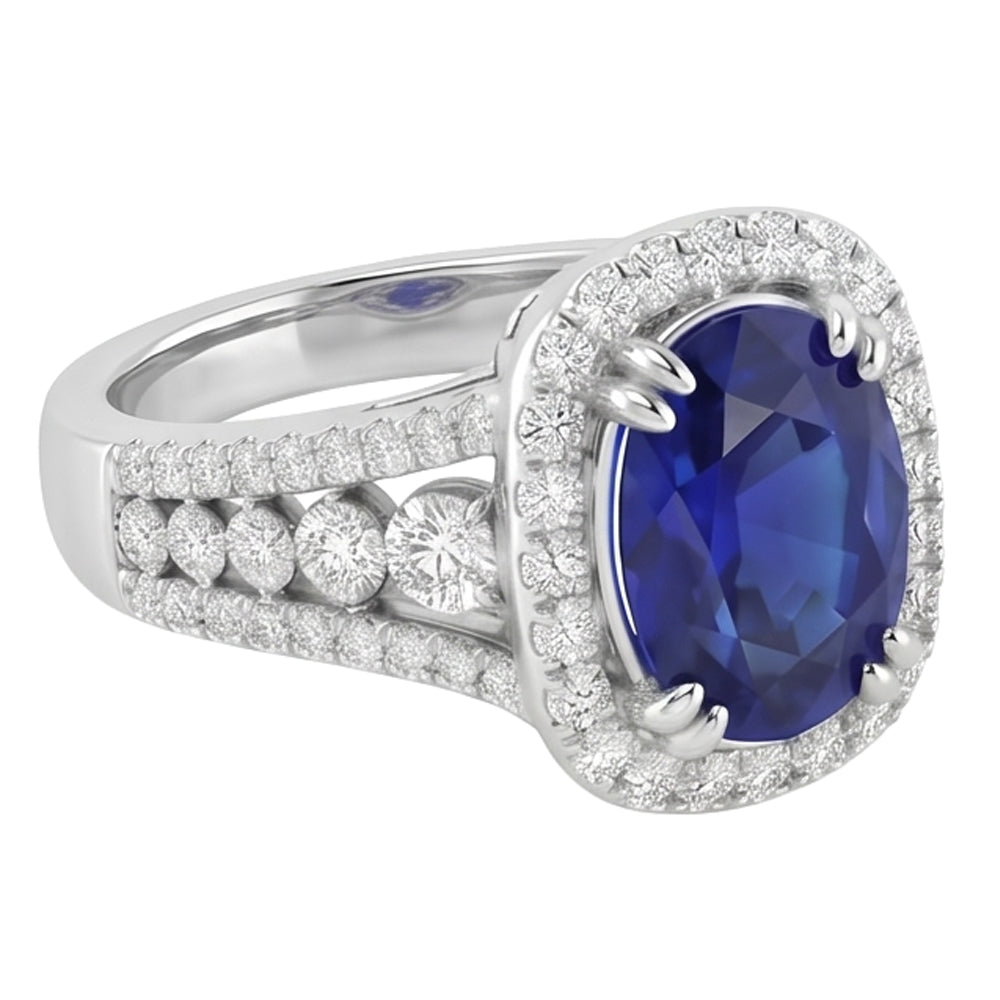Anello con zaffiro dello Sri Lanka ovale da 5,70 carati e diamanti tondi in oro bianco 14 carati