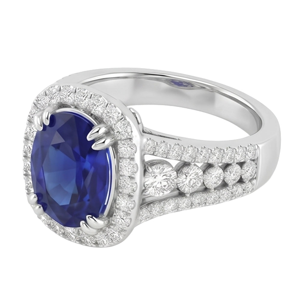 Anello con zaffiro dello Sri Lanka ovale da 5,70 carati e diamanti tondi in oro bianco 14 carati