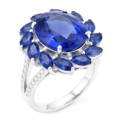 Anello con zaffiro dello Sri Lanka ovale e marquise da 10,50 carati in oro bianco 14K