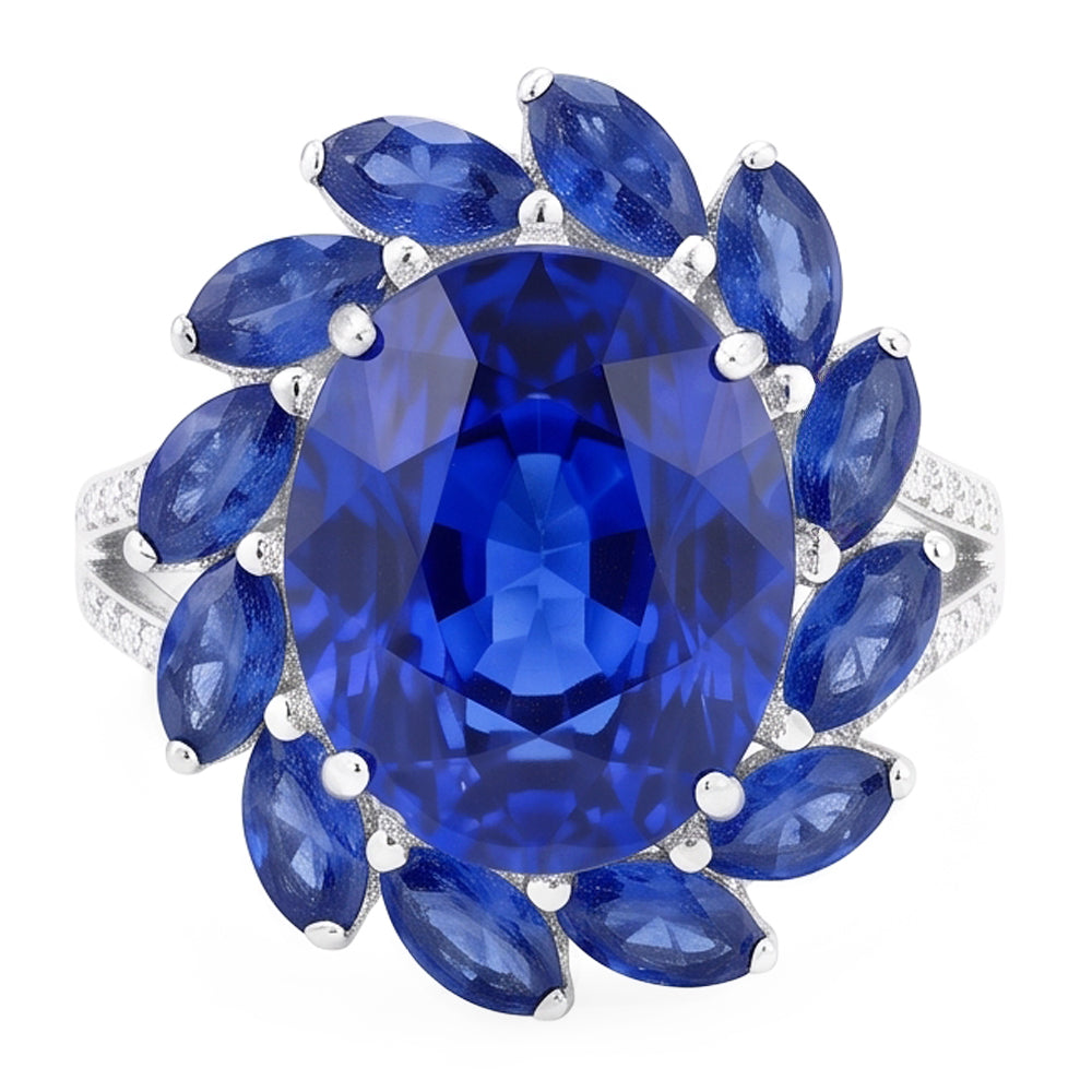 Anello con zaffiro dello Sri Lanka ovale e marquise da 10,50 carati in oro bianco 14K
