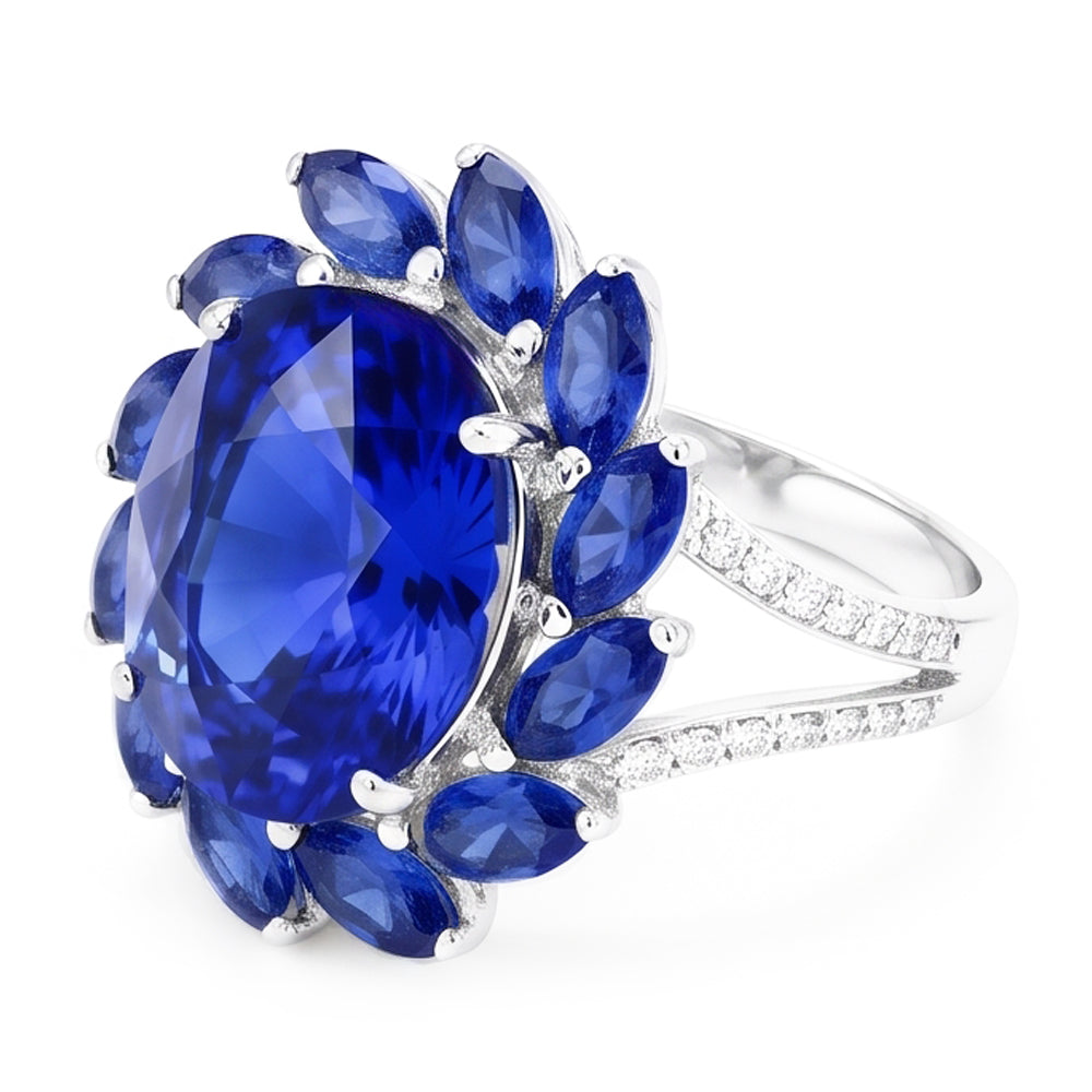 Anello con zaffiro dello Sri Lanka ovale e marquise da 10,50 carati in oro bianco 14K