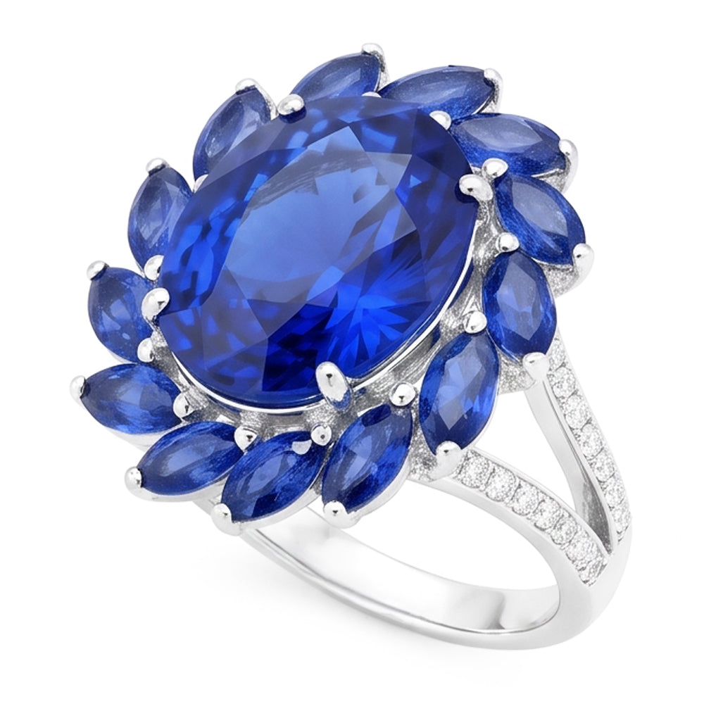 Anello con zaffiro dello Sri Lanka ovale e marquise da 10,50 carati in oro bianco 14K
