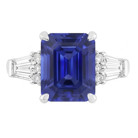 Anello con zaffiro dello Sri Lanka rotondo e baguette. taglio smeraldo. 4 carati