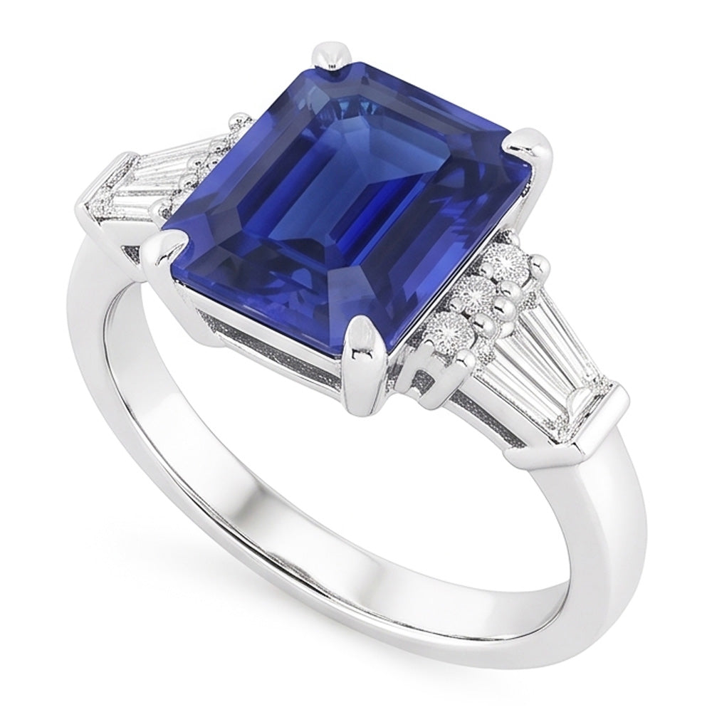 Anello con zaffiro dello Sri Lanka rotondo e baguette. taglio smeraldo. 4 carati