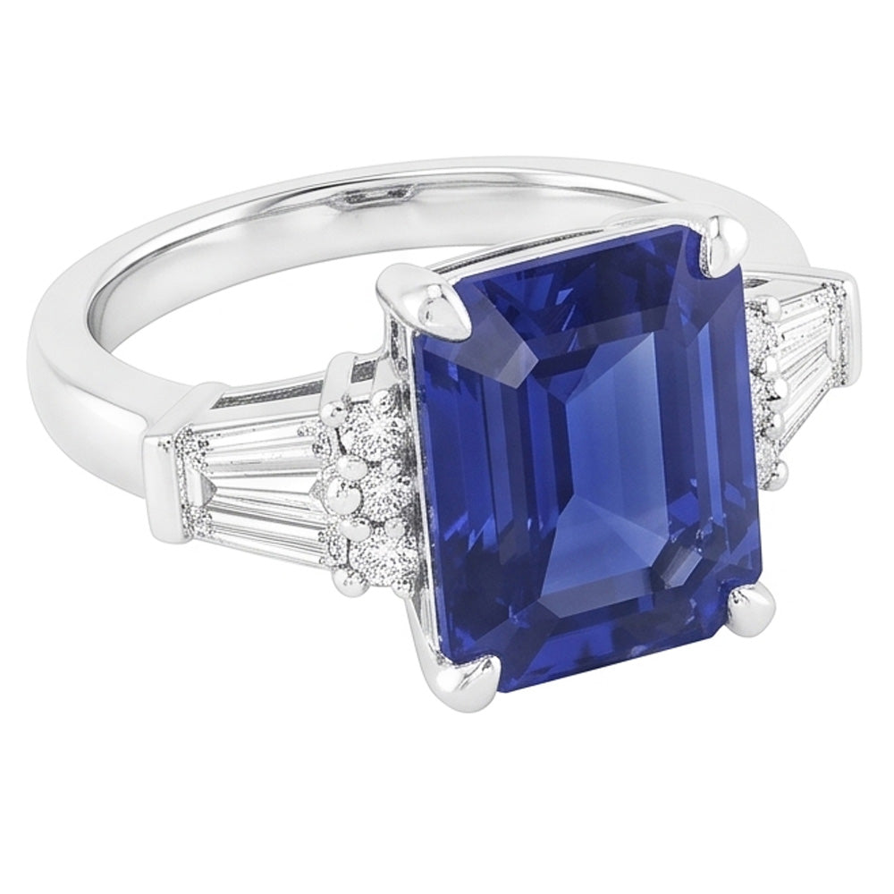 Anello con zaffiro dello Sri Lanka rotondo e baguette. taglio smeraldo. 4 carati
