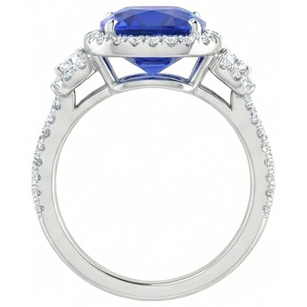 Anello con zaffiro dello Sri Lanka taglio cuscino e diamante in oro bianco 14K 5 ct