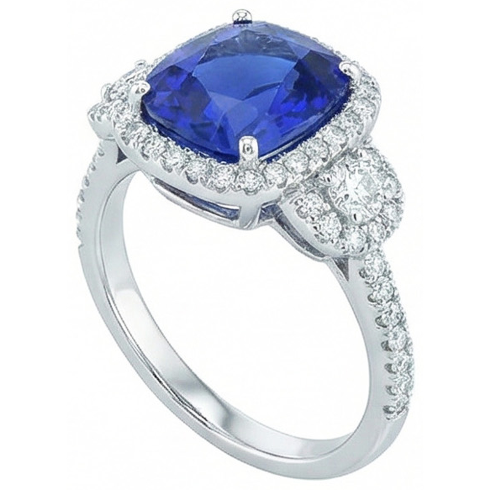 Anello con zaffiro dello Sri Lanka taglio cuscino e diamante in oro bianco 14K 5 ct