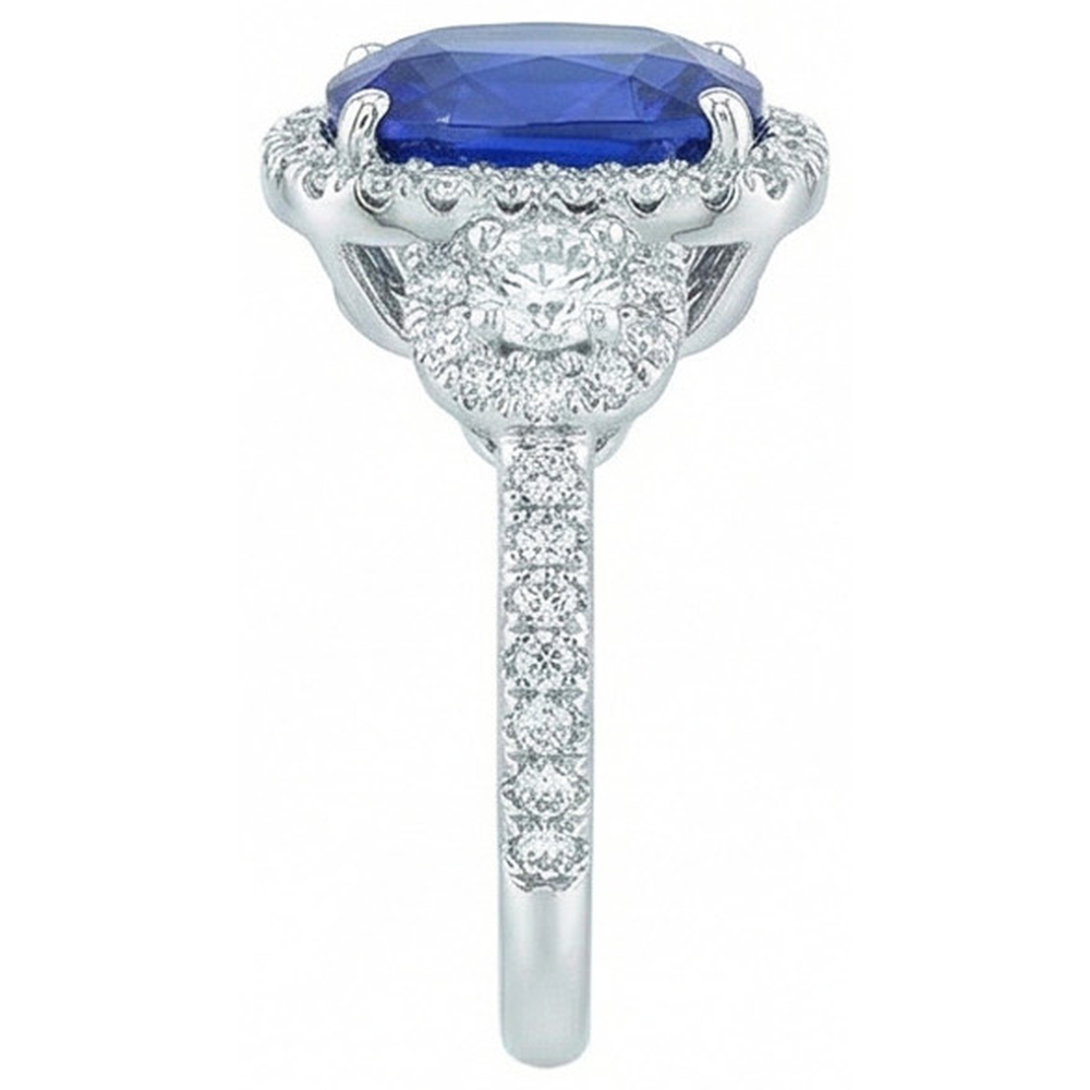 Anello con zaffiro dello Sri Lanka taglio cuscino e diamante in oro bianco 14K 5 ct