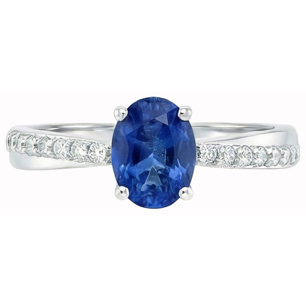 Anello con zaffiro dello Sri Lanka taglio ovale da 2,30 carati e diamanti tondi in G bianco 14K