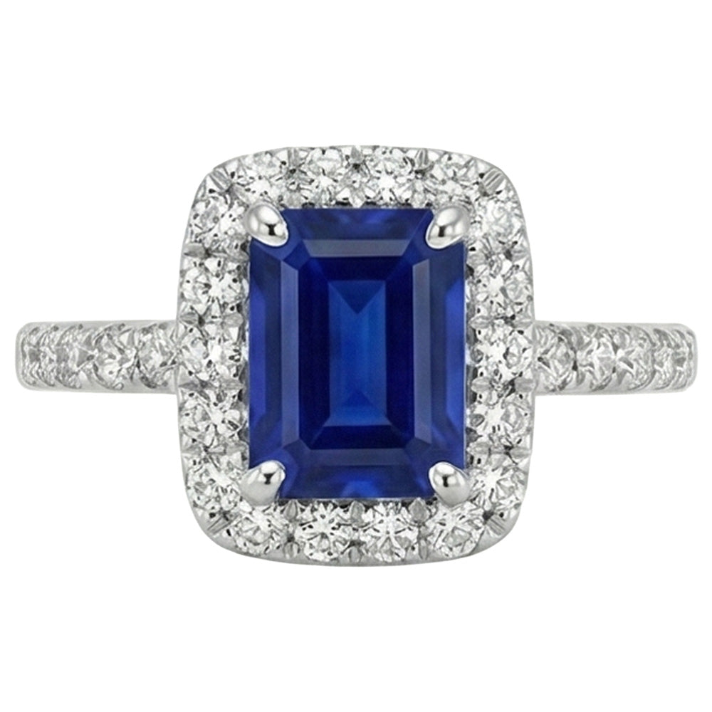 Anello con zaffiro dello Sri Lanka taglio smeraldo e diamanti, oro bianco 3 ct 14K