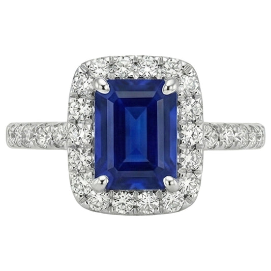 Anello con zaffiro dello Sri Lanka taglio smeraldo e diamanti, oro bianco 3 ct 14K