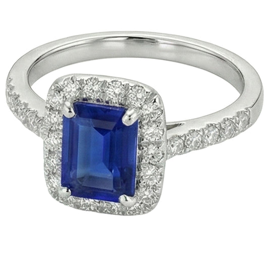 Anello con zaffiro dello Sri Lanka taglio smeraldo e diamanti, oro bianco 3 ct 14K