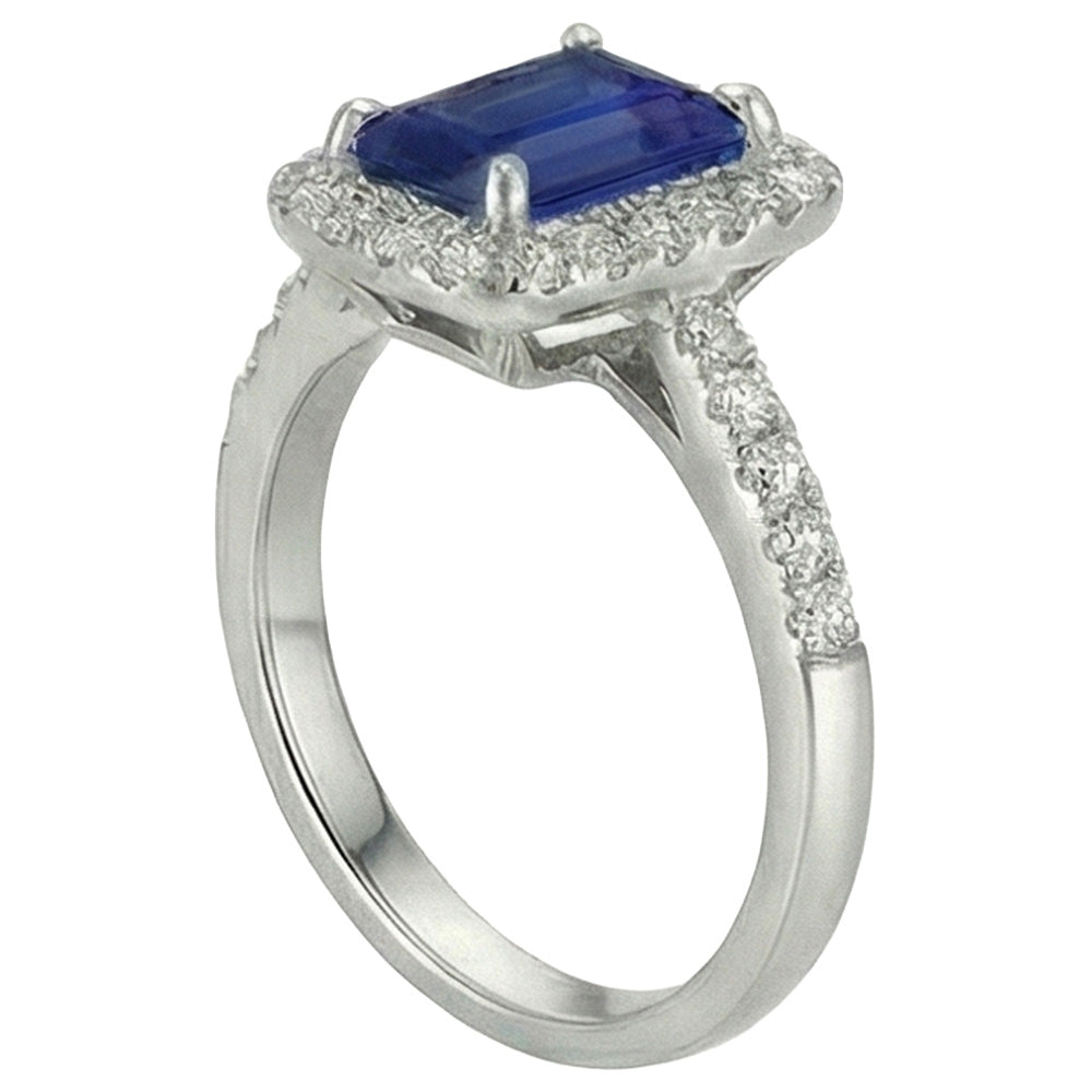 Anello con zaffiro dello Sri Lanka taglio smeraldo e diamanti, oro bianco 3 ct 14K