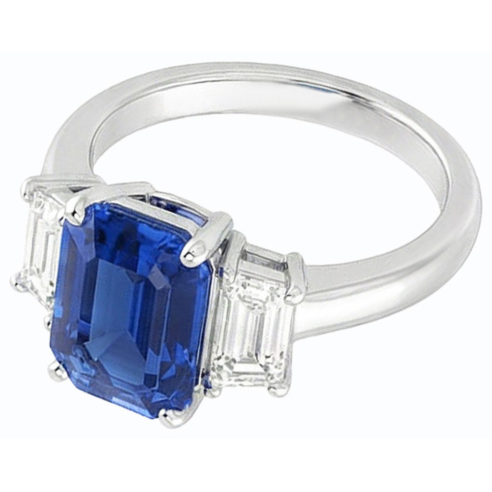 Anello con zaffiro di Ceylon 2 carati e diamante smeraldo 3 pietre in oro 14K