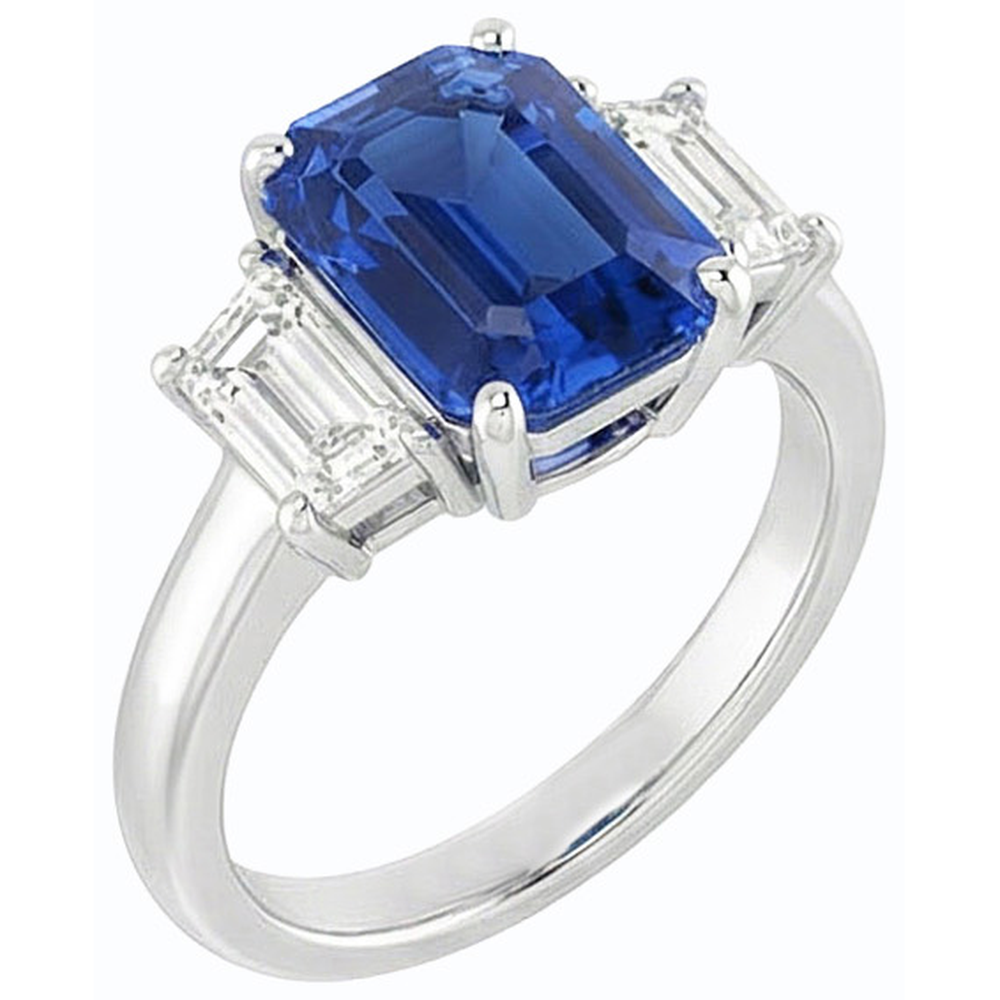 Anello con zaffiro di Ceylon 2 carati e diamante smeraldo 3 pietre in oro 14K