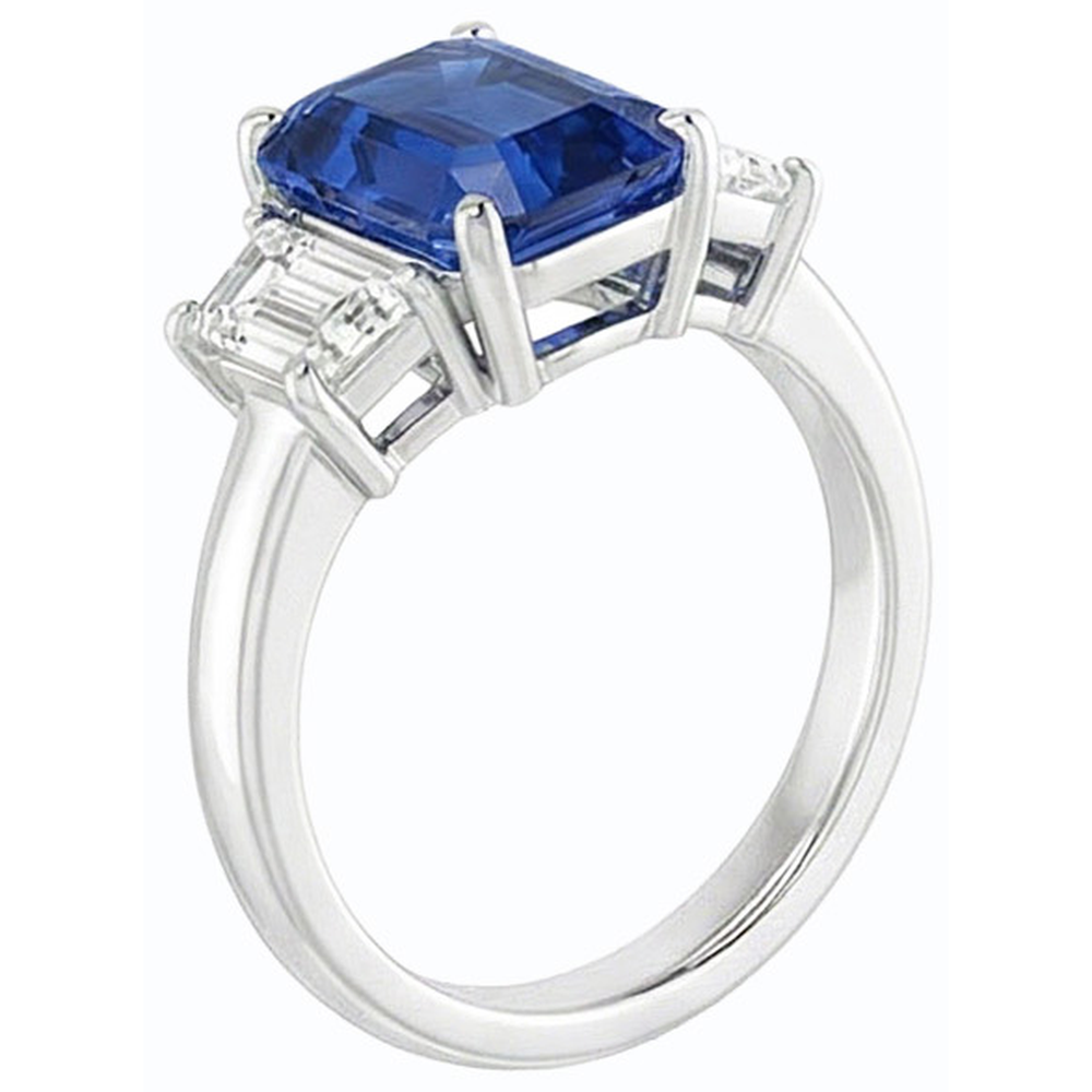 Anello con zaffiro di Ceylon 2 carati e diamante smeraldo 3 pietre in oro 14K