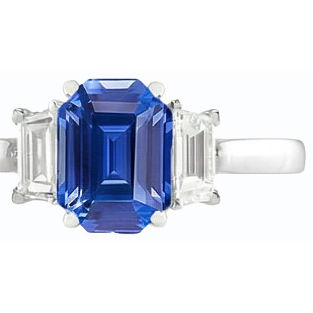 Anello con zaffiro di Ceylon 2 carati e diamante smeraldo 3 pietre in oro 14K