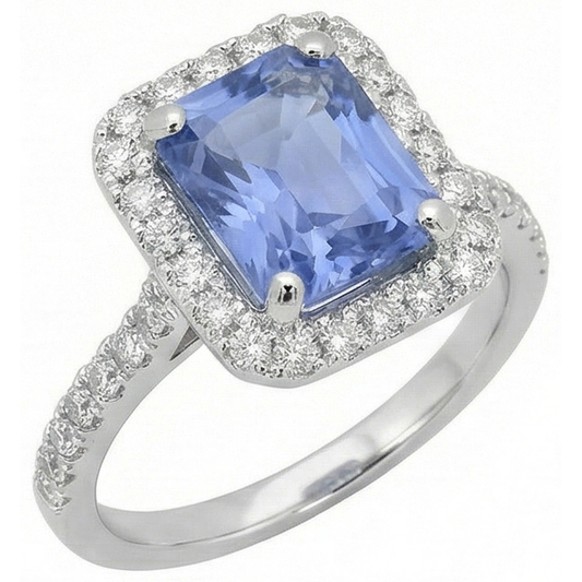Anello con zaffiro di Ceylon 4 carati con diamanti in oro bianco 14 kt