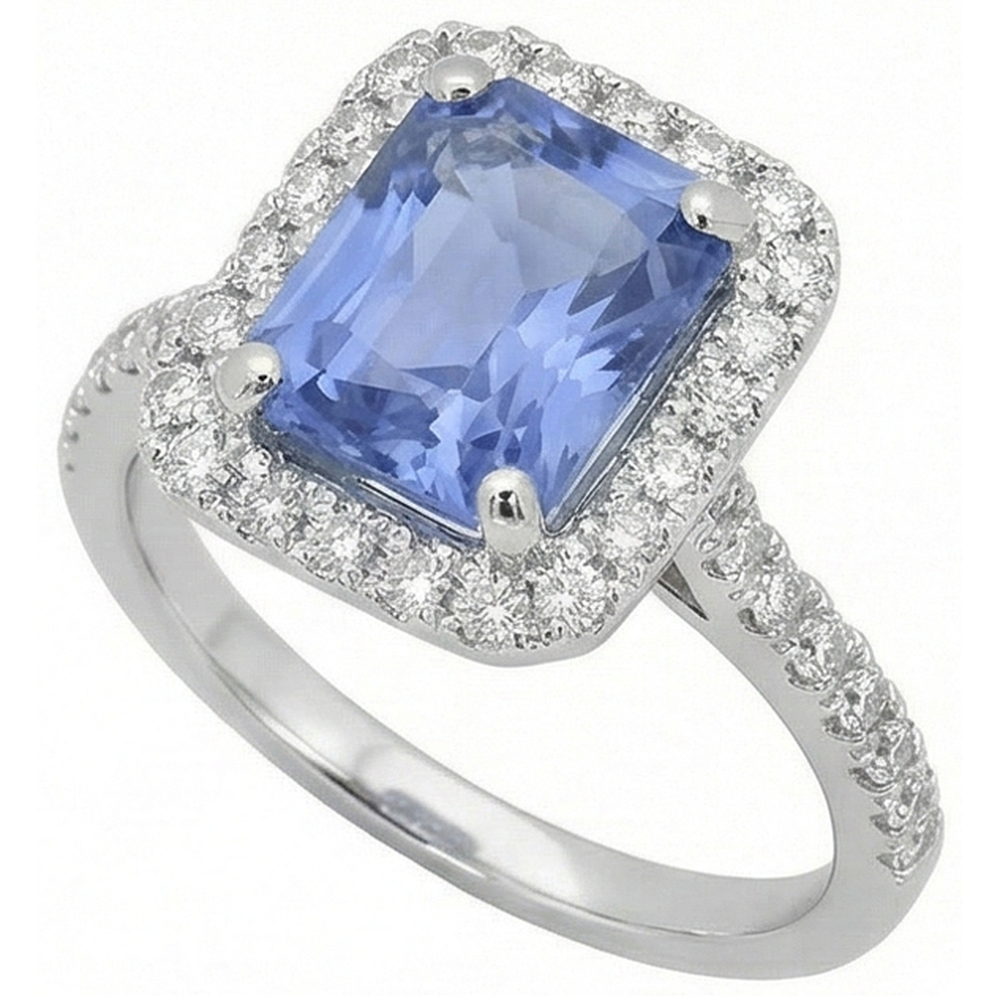 Anello con zaffiro di Ceylon 4 carati con diamanti in oro bianco 14 kt