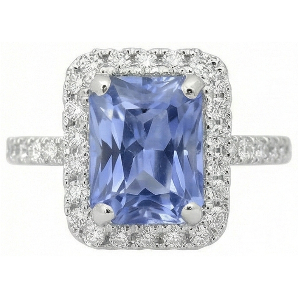 Anello con zaffiro di Ceylon 4 carati con diamanti in oro bianco 14 kt