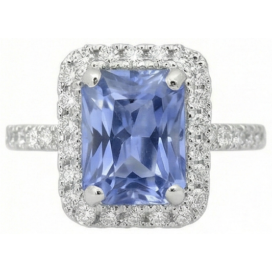 Anello con zaffiro di Ceylon 4 carati con diamanti in oro bianco 14 kt
