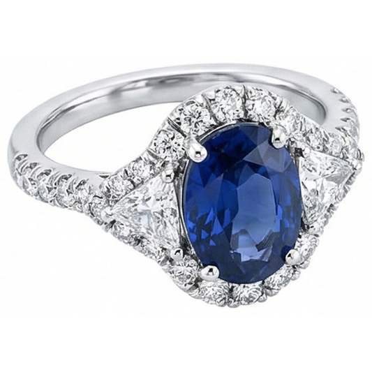 Anello con zaffiro di Ceylon 4 carati e diamanti in oro bianco 14K