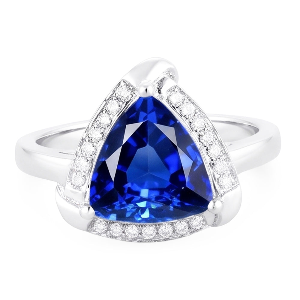 Anello con zaffiro di Ceylon Trillion Halo Gioielli in oro bianco 3 carati