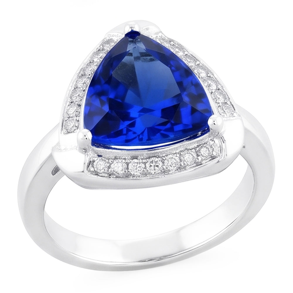 Anello con zaffiro di Ceylon Trillion Halo Gioielli in oro bianco 3 carati