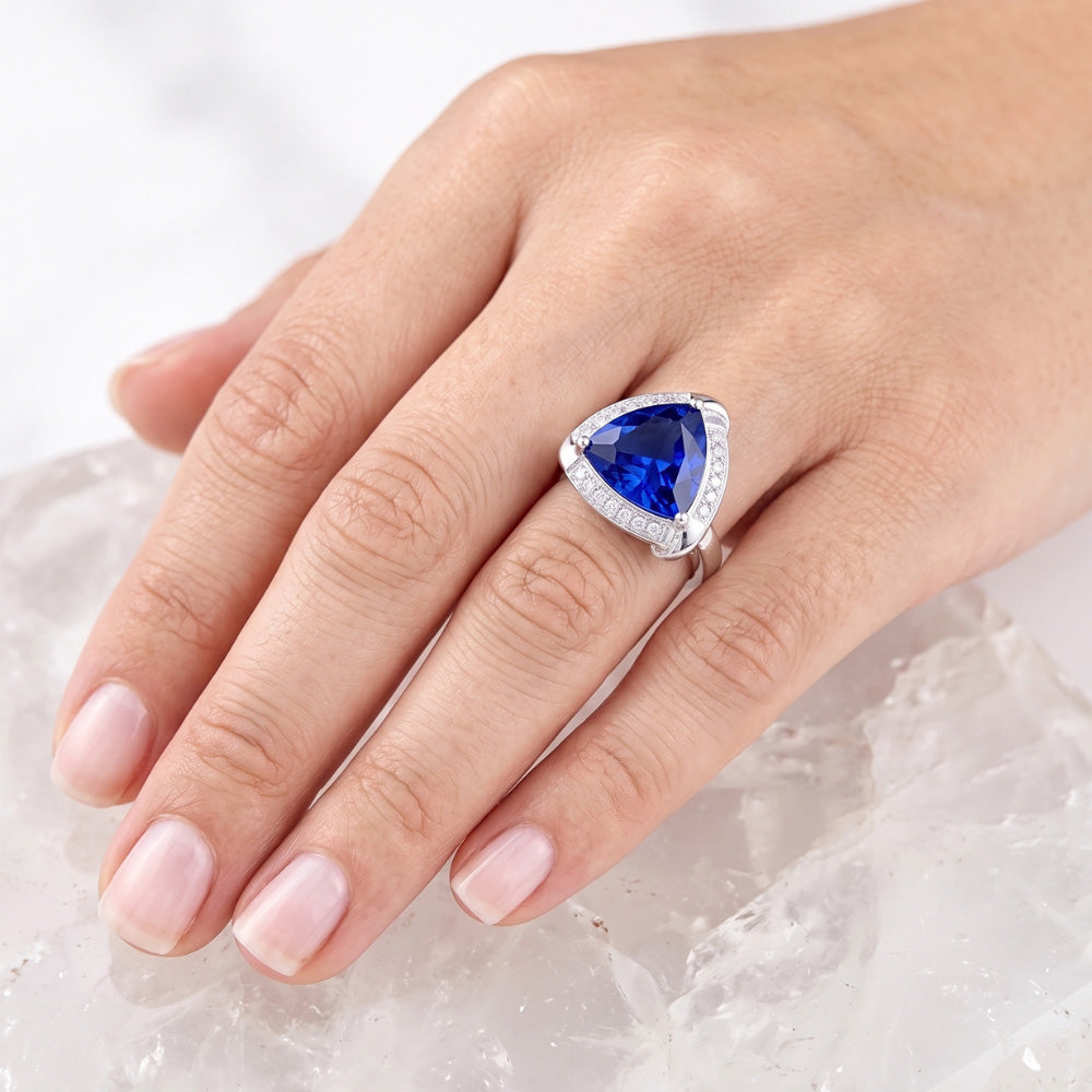 Anello con zaffiro di Ceylon Trillion Halo Gioielli in oro bianco 3 carati