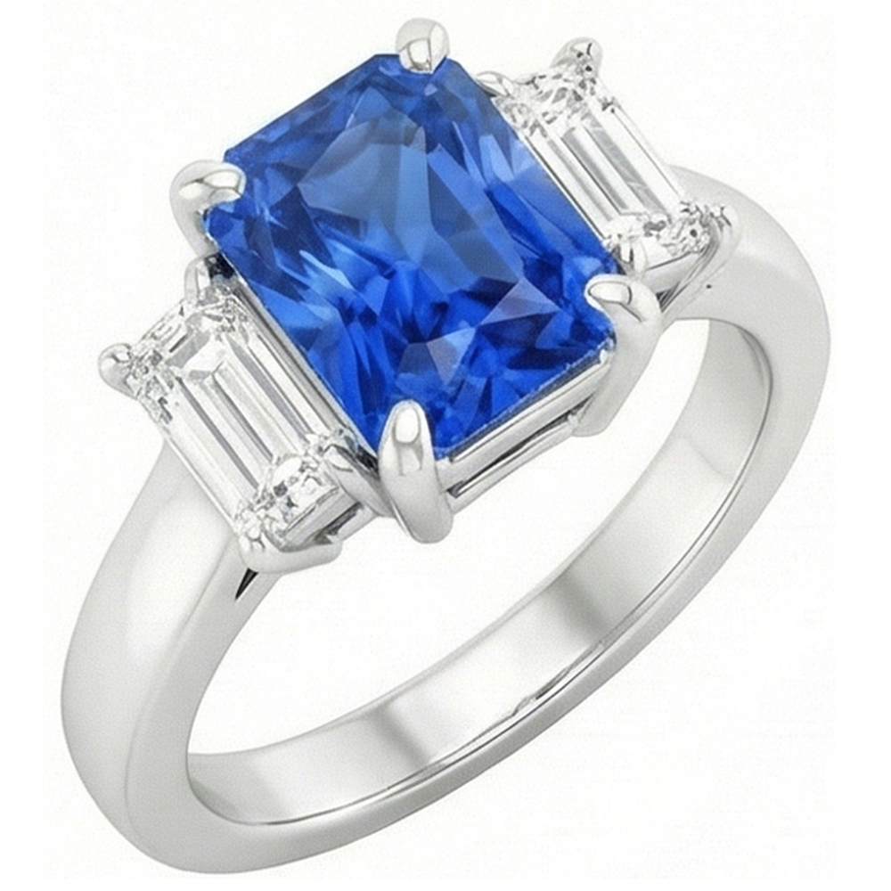 Anello con zaffiro di Ceylon a 2 carati e diamanti Baguette a punta con pietre preziose in oro bianco 14K