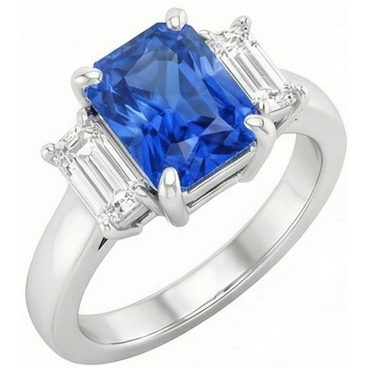 Anello con zaffiro di Ceylon a 2 carati e diamanti Baguette a punta con pietre preziose in oro bianco 14K