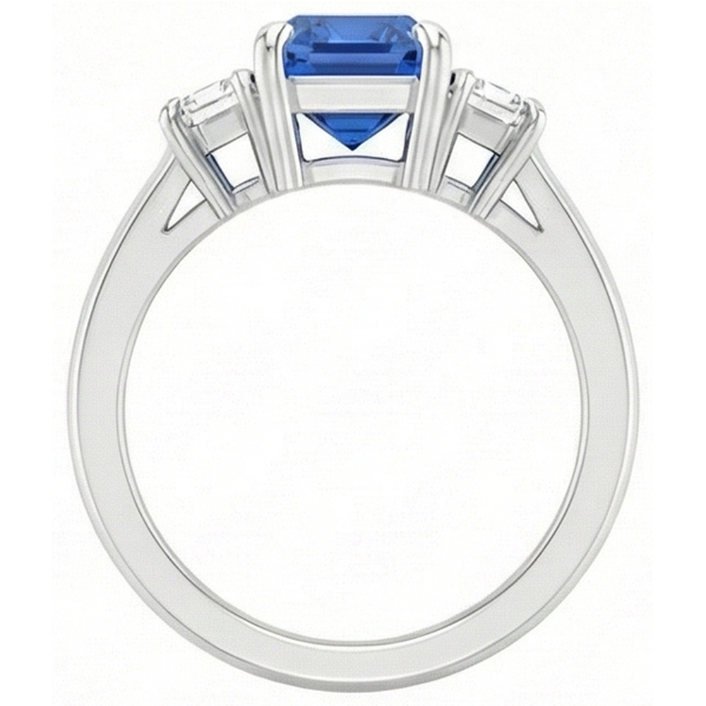 Anello con zaffiro di Ceylon a 2 carati e diamanti Baguette a punta con pietre preziose in oro bianco 14K