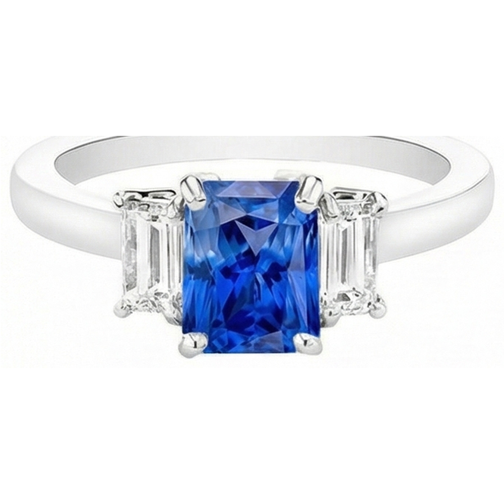 Anello con zaffiro di Ceylon a 2 carati e diamanti Baguette a punta con pietre preziose in oro bianco 14K