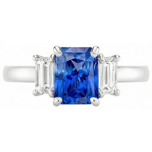 Anello con zaffiro di Ceylon a 2 carati e diamanti Baguette a punta con pietre preziose in oro bianco 14K